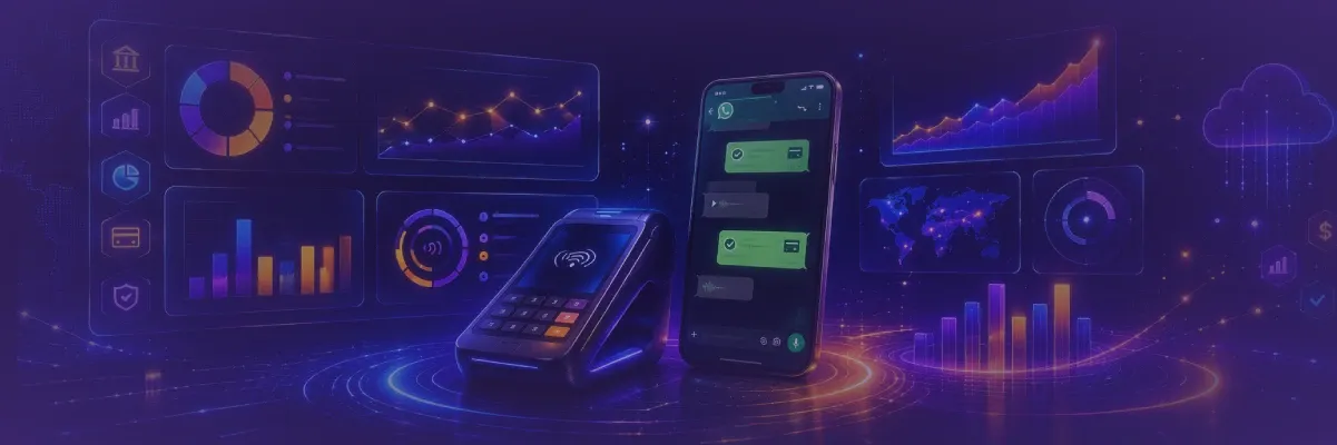 Dashboard financiero, datáfono y celular con mensajes de WhatsApp